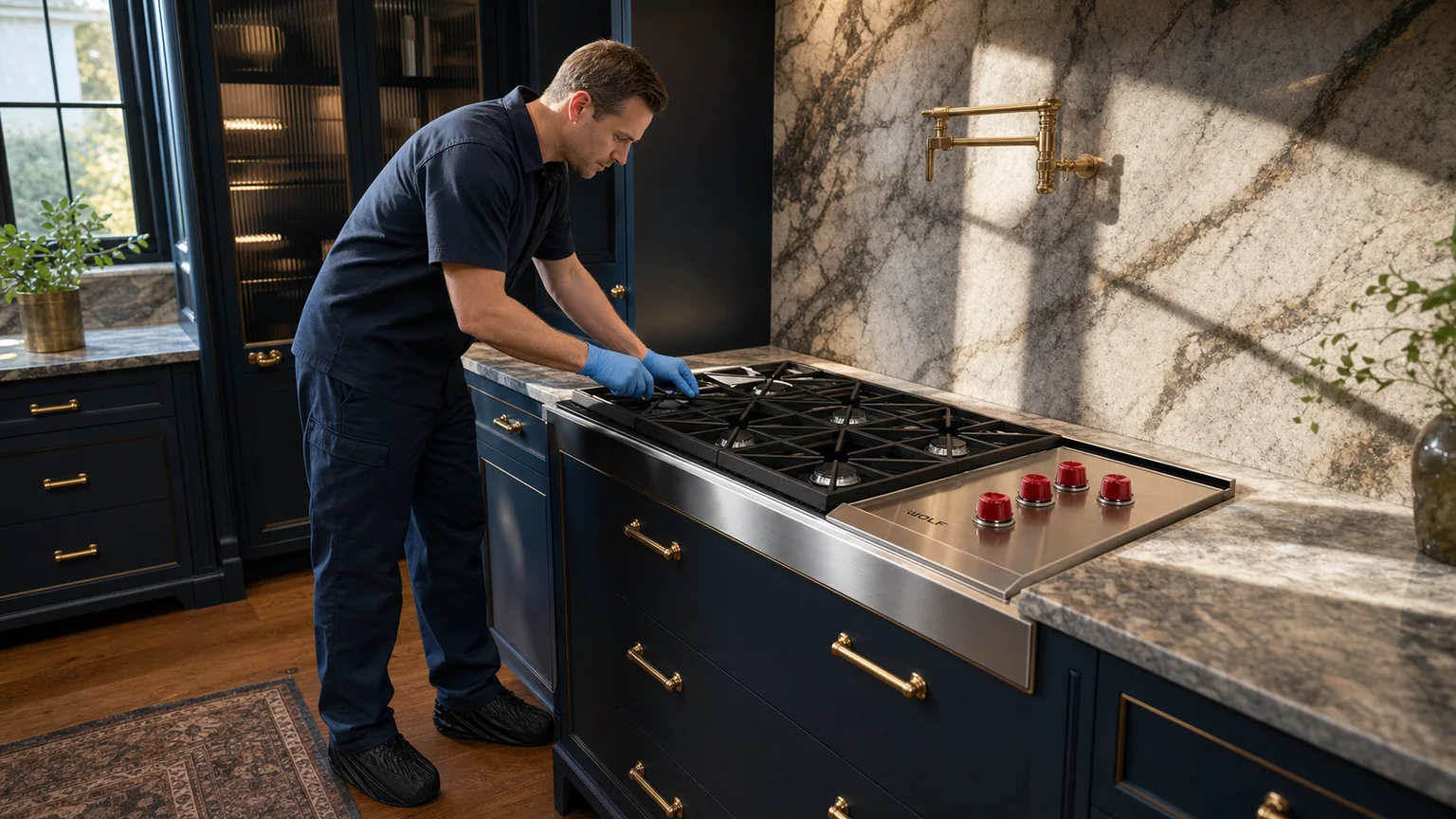 Technician inspecting a Wolf gas cooktop