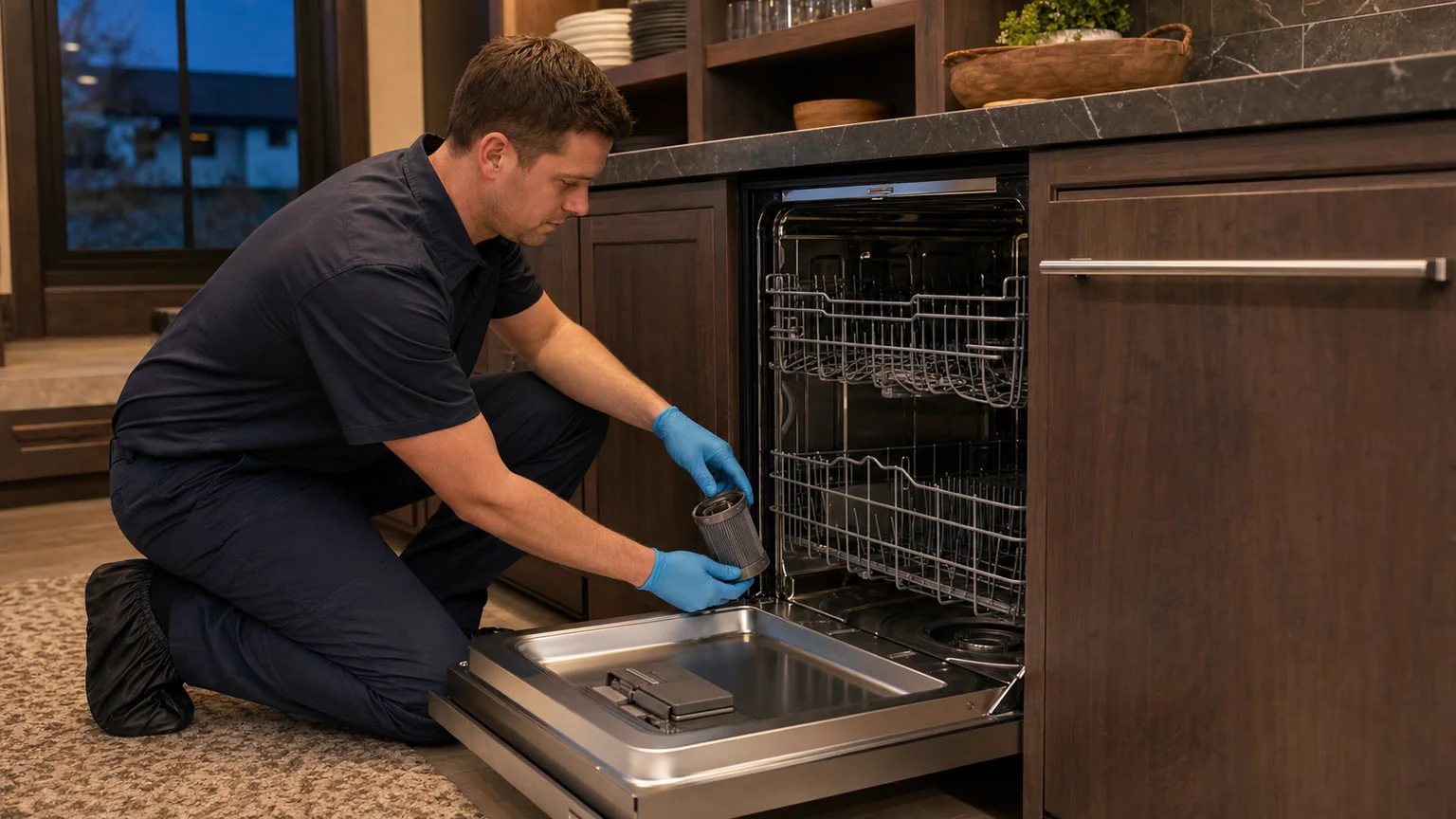 Technician inspecting a panel-ready Cove dishwasher