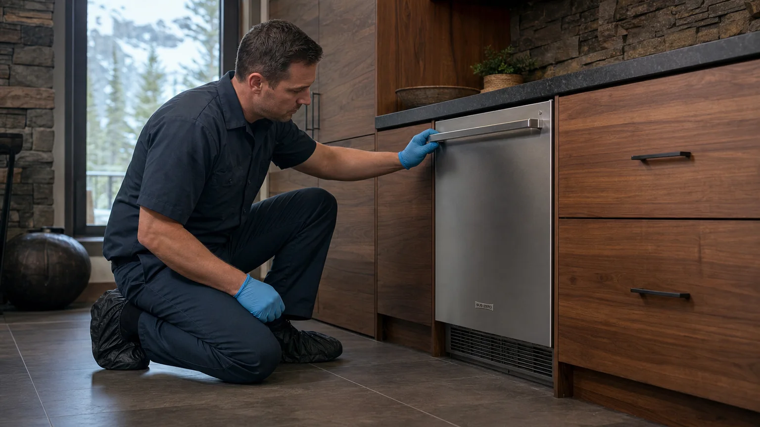 Technician inspecting an undercounter ice maker