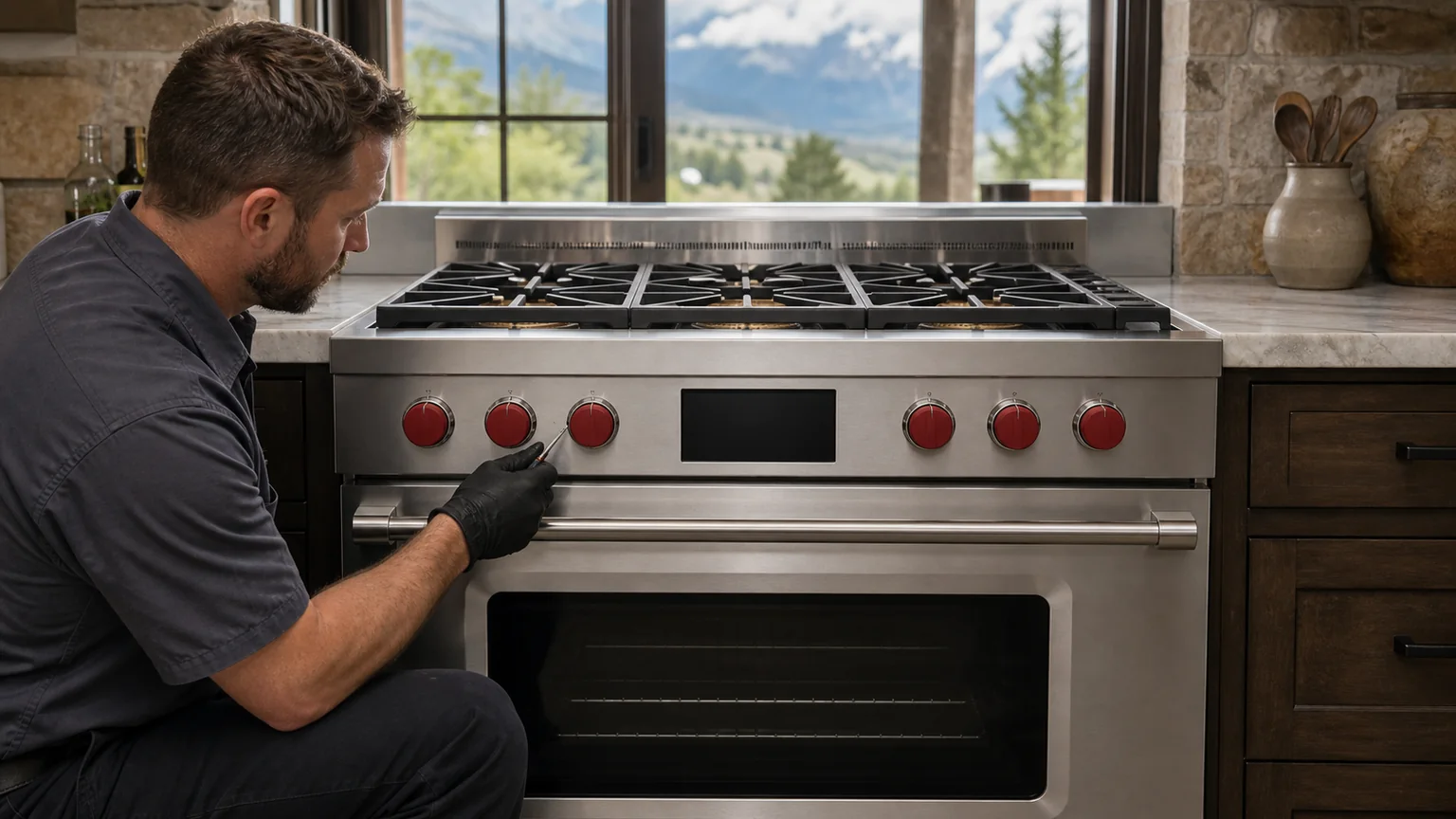 Technician inspecting a Wolf dual-fuel range