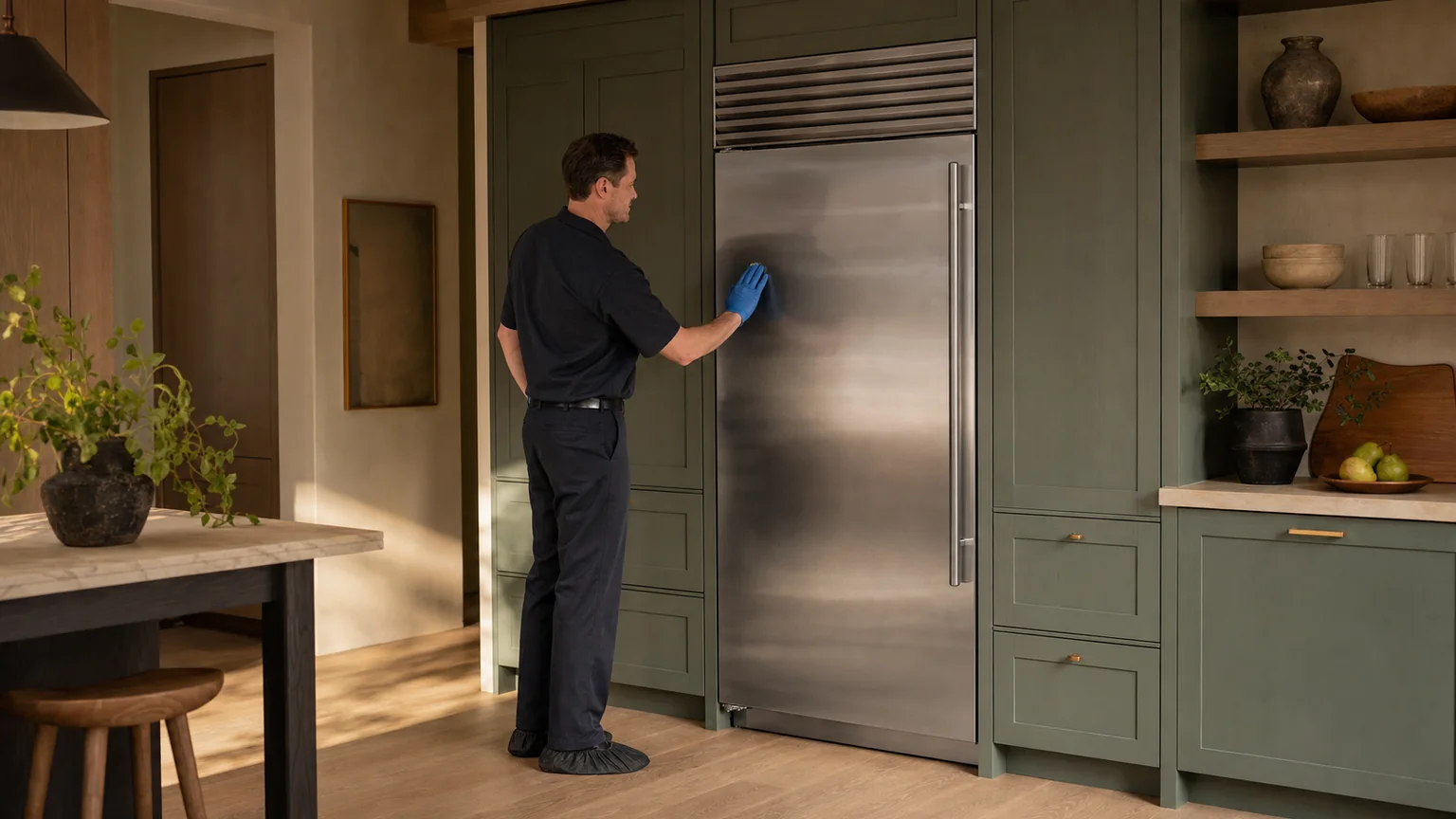 Technician inspecting a built-in Sub-Zero refrigerator