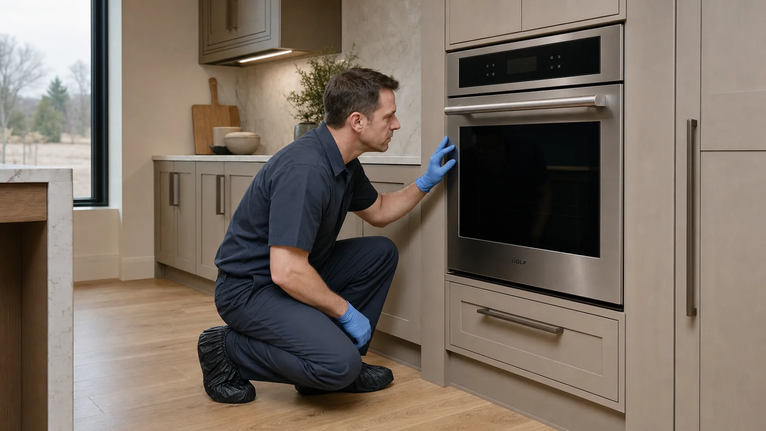 Technician inspecting a built-in Wolf wall oven