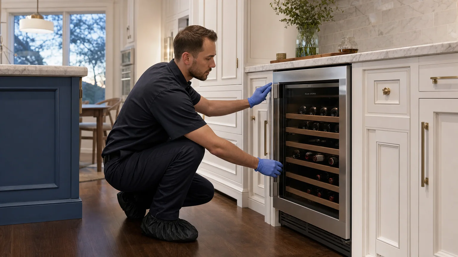Technician inspecting undercounter wine storage